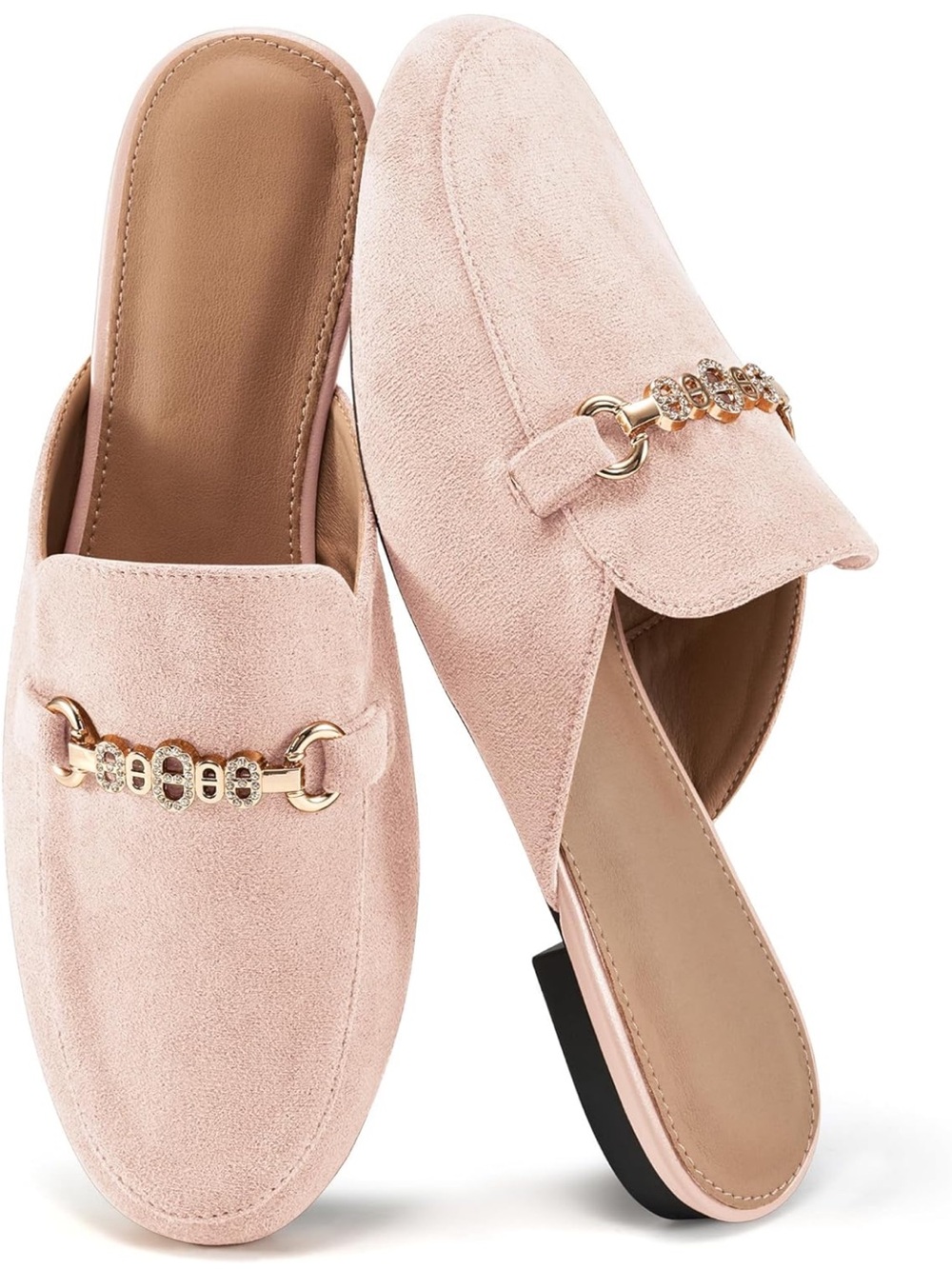Women's Suede Pink Slip-On Mules with Gold Chain